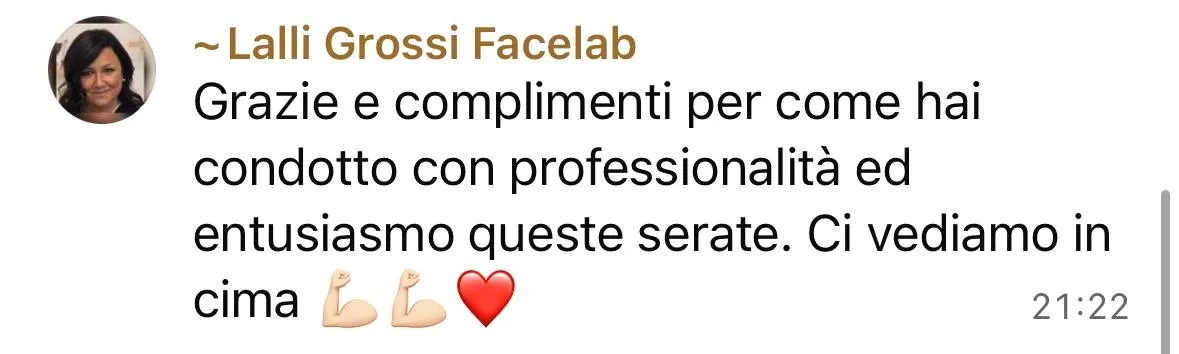 Messaggio di Lalli: complimenti per la professionalità e l'entusiasmo con cui ha condotto le serate