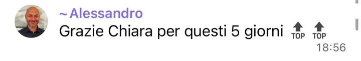 Messaggio di Alessandro: grazie Chiara per questi cinque giorni