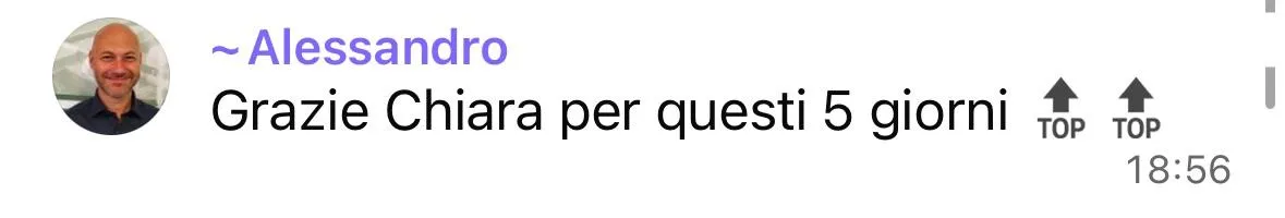 Messaggio di Alessandro: grazie Chiara per questi cinque giorni
