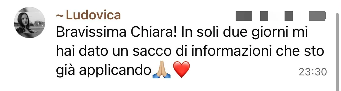 Messaggio di Ludovica: in due giorni un sacco di informazioni che sta già applicando