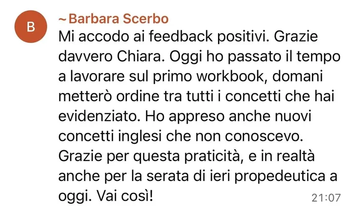 Messaggio di Barbara: ha passato la giornata a lavorare sul primo workbook e ringrazia per la praticità
